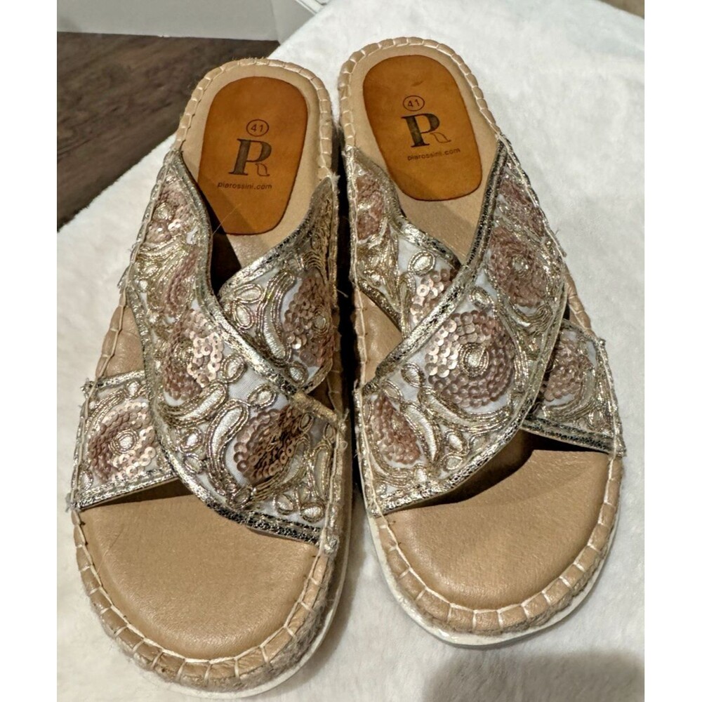 Pia Rossini Slide Sandals Size 41, US 10 Shoes Gold and Rose Gold Sequins
